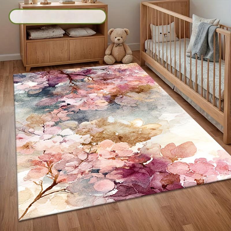 1pcs, Cherry Blossom Pattern Printing Flannel Carpet, Soft, Anti-slip, High-flow Area Floor Mat, for Living Room Bedroom Decor