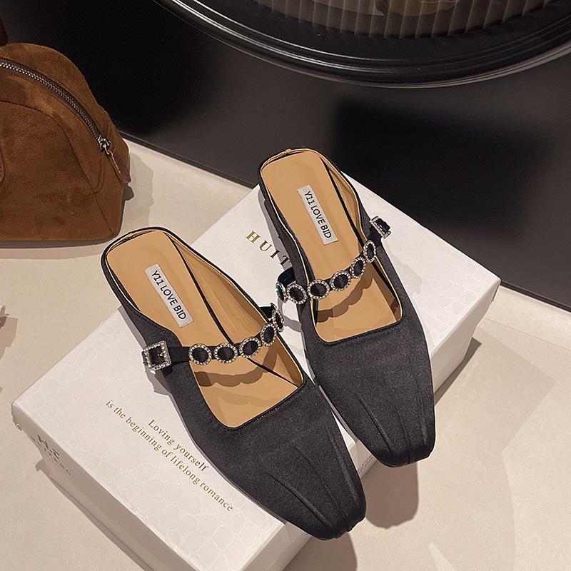 

Баотоу полутапочки женские уличные 2025 весна новые атласные Мэри Джейн одинарные туфли стразы квадратный носок крутые тапочки 40 чёрный