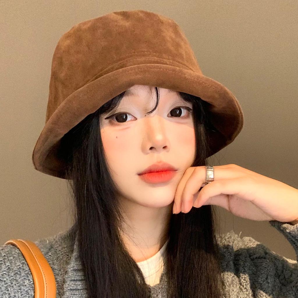 Suede Fisherman Hat Women's Maillard Retro Face Enhancing Small Bucket Versatile Head Circumference Coffee Colored
