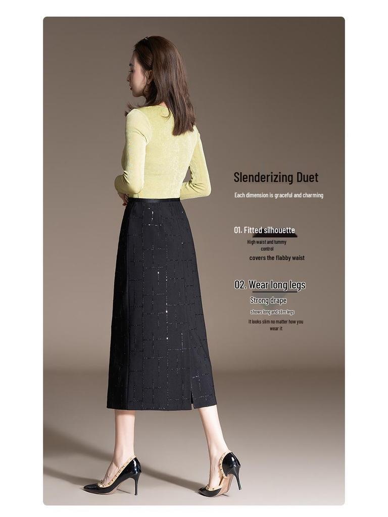 Spring 2026 Black Sequin Slim Bodycon High Waist Midi Pencil Skirt