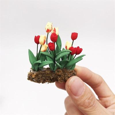 Dollhouse Tulip Flowers In Grass Ground,Floral Figurines Pretend Play Ornament Miniature Garden