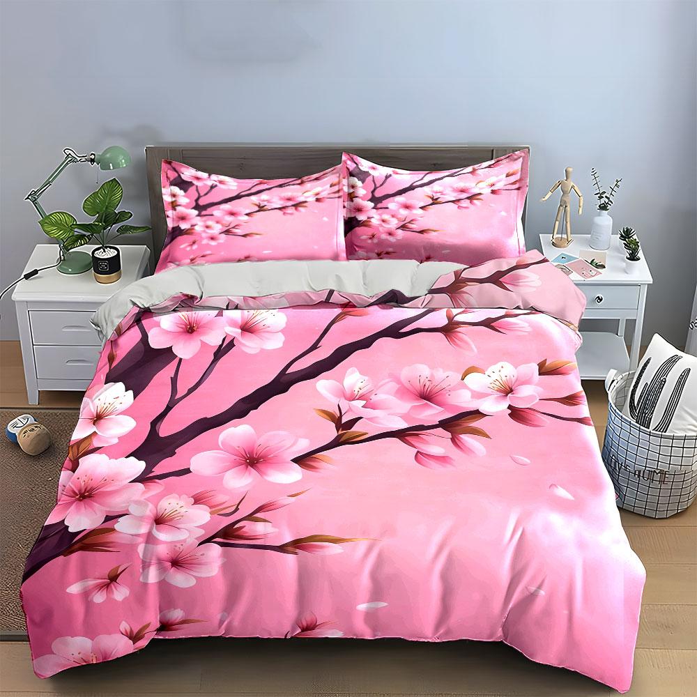 Cherry Blossom Themed Decor Set Soft Comfortable Duvet Cover Bedding Set Included 1*Duvet Cover & 2*Pillowcases, Gift