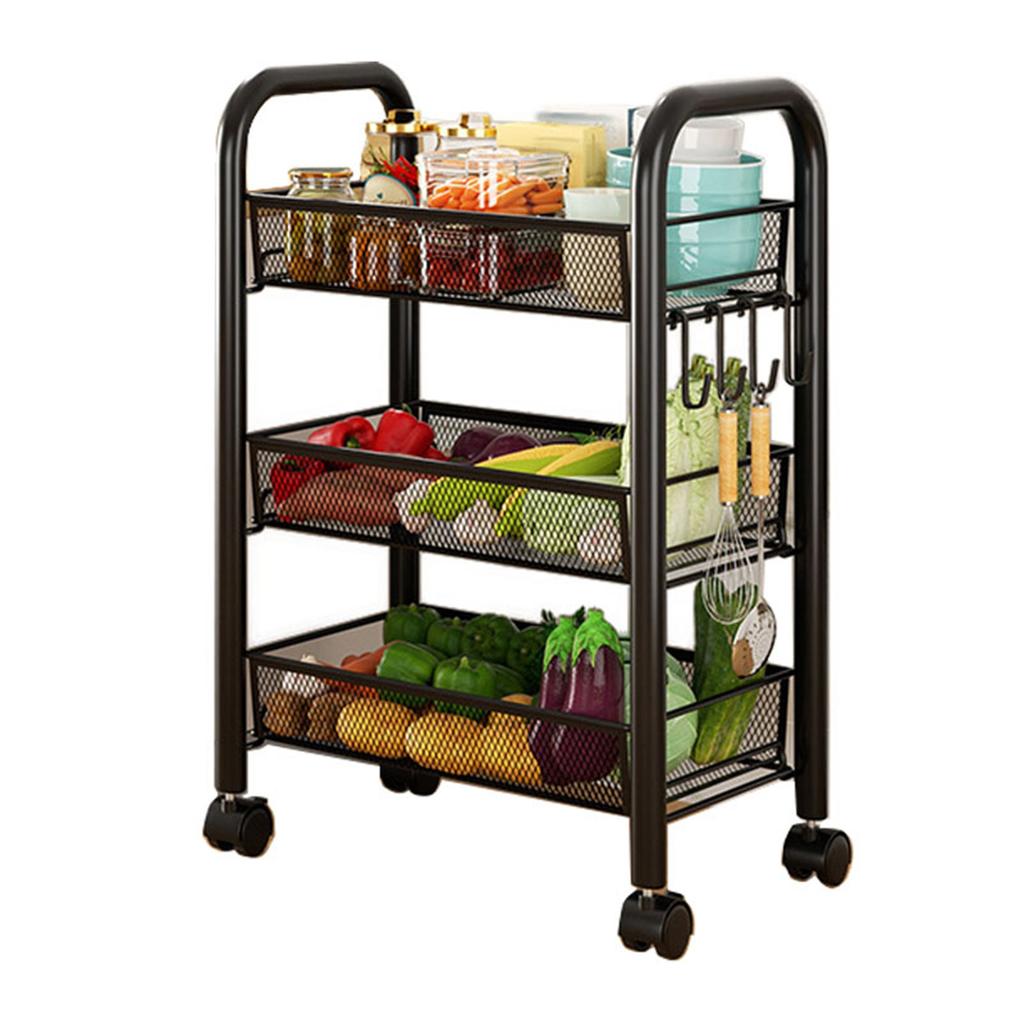 Rolling Storage Cart Layered Storage Shelves Multi Functional Movable Snack Vegetable Baskets Kitchen Shelves Black