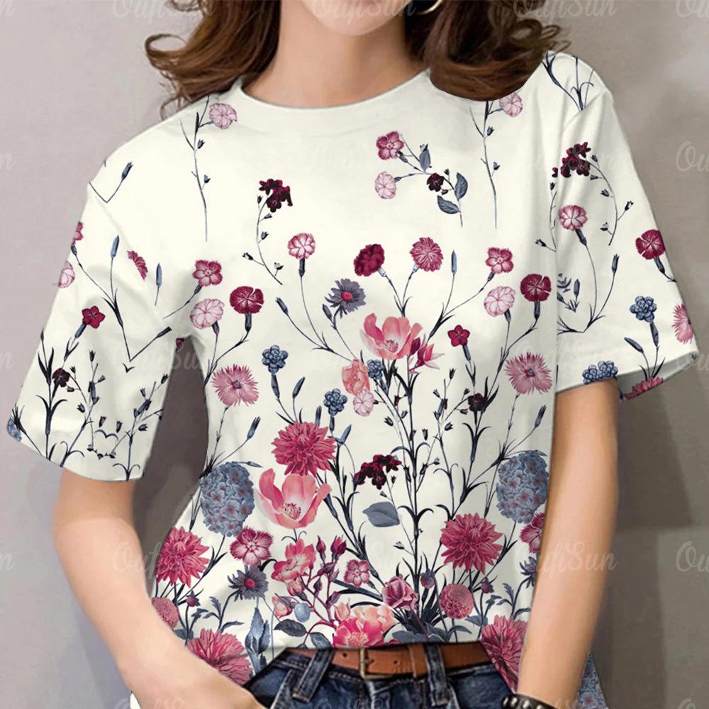 Women's Round Neck Short Sleeved T-shirt, Summer 3D Floral Printed T-shirt, Loose and Versatile Women's Casual Top