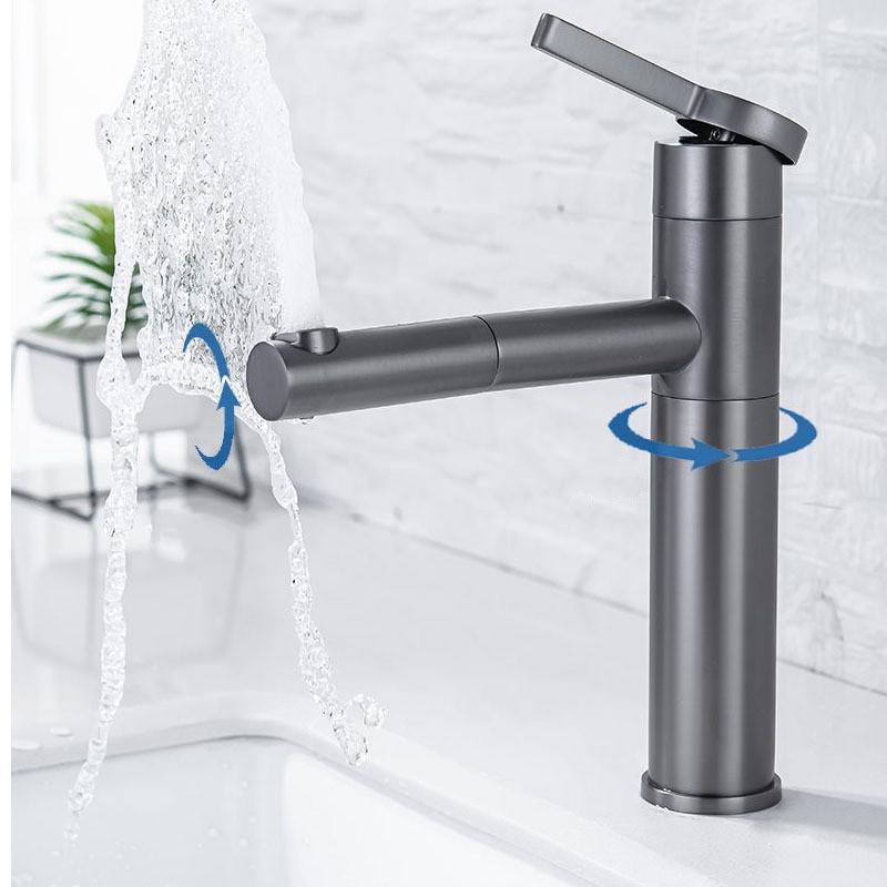 Pull Out Basin Faucet Hot and Cold Bathroom Single Lever Brass Gray Rotation Pull Out Sink Mixer Tap Decked