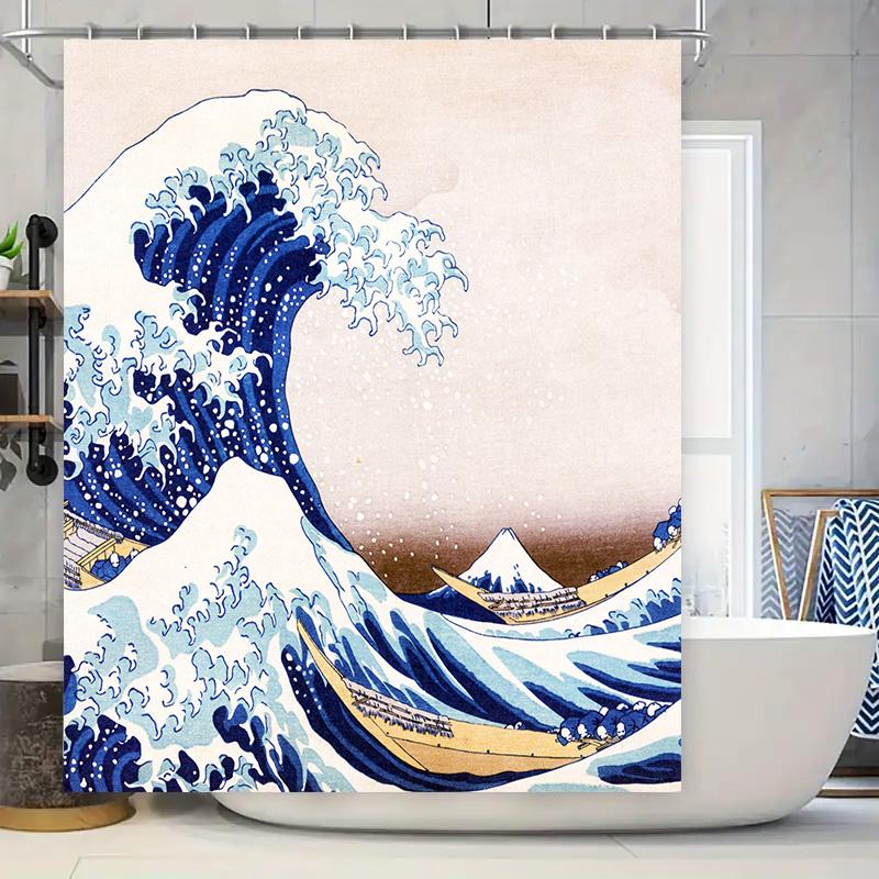 

Oceanic Masterpiece: Japanese Art Wave And Mount Fuji Pattern Shower Curtain For An Exquisite Bathroom Décor 90x180cm