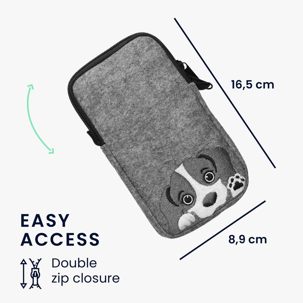 kwmobile Smartphone Shoulder Large Fits Felt Neck Strap Protective Case with Curious Dog Design Bag, - 6.5" -