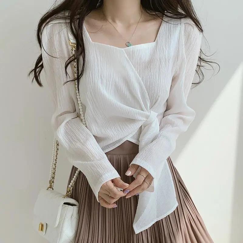 Spring and Autumn tops design sense niche Korean square collar bubble long sleeve straps thin temperament shirt women