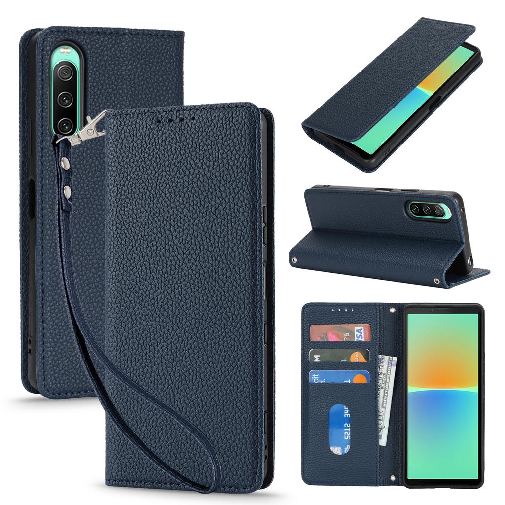 For Sony Xperia 10 IV 5G Case Stand Wallet Litchi Texture Leather Flip Phone Cover with Strap