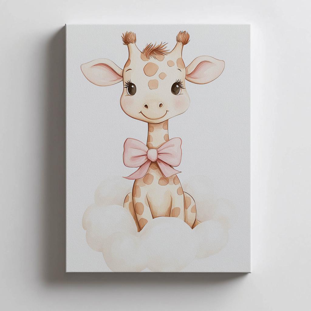 Plakat Mała Żyrafa Na Chmurce Plakat Mała Żyrafa Na Chmurce, 30X40 Cm, Rama Drewniana Jasny Dąb, Papier Matowy 230 Gsm