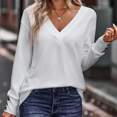 Einfarbiges, lockeres Langarm-T-Shirt mit V-Ausschnitt und Button-Down-Oberteil