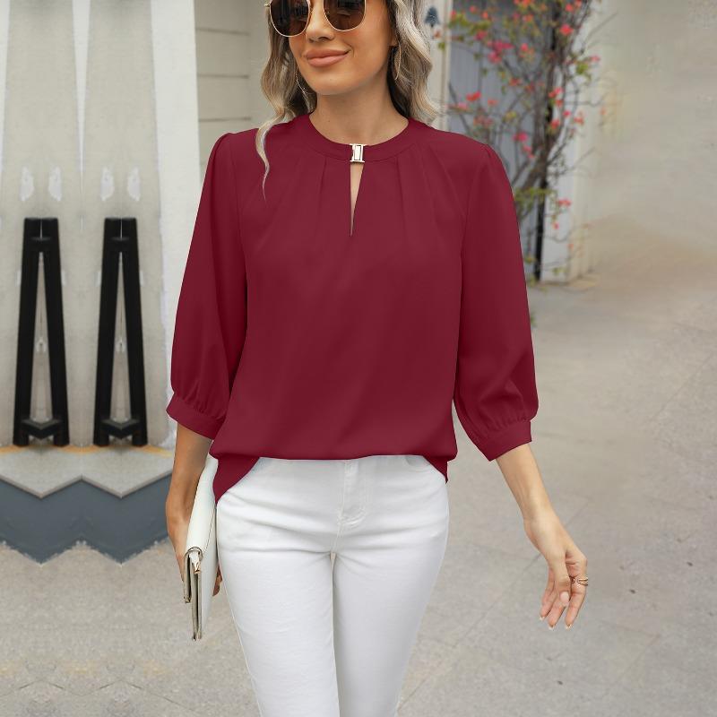 Maglia a maniche lunghe in chiffon con scollo a V e foro per serratura, primavera estate, per donna