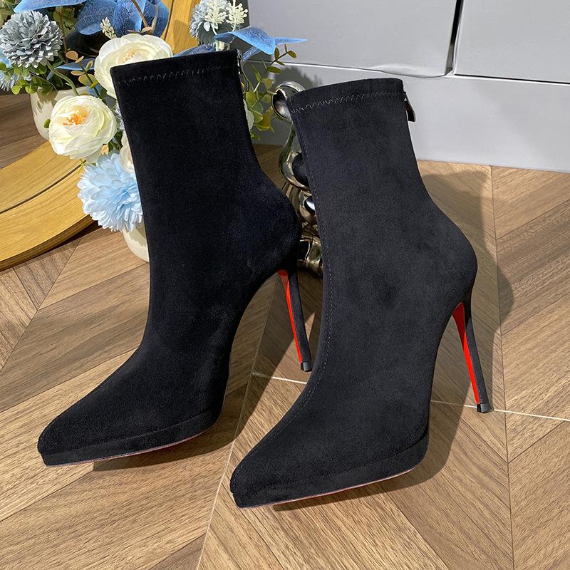 Autumn and winter nude thin boots high heels women's thin heels temperament short boots waterproof table suede pointed elastic boots