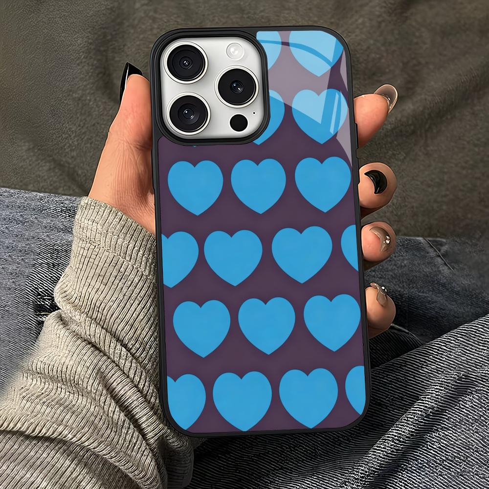Blue heart-shaped design glass phone case suitable for iPhone17 16 15 14 13 12 11Pro/Max/Plus shockproof and anti drop backcover