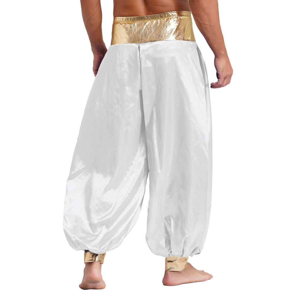 Mens Magical Hippie Harem Pants Metallic Shiny Patchwork Lantern Style Long Pants Arabian Prince Cosplay Costume