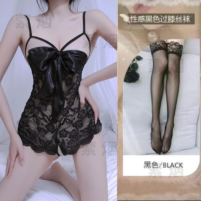Sex underwear lace temptation transparent hollow sexy onesie bow qqny open uniform set