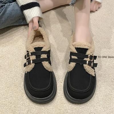 Fashion Women Clogs Platform Round Toe Loafers With Fur Casual Winter Retro New Slip-on Solid Rubber Buckle Female Sneakers Creepers Str