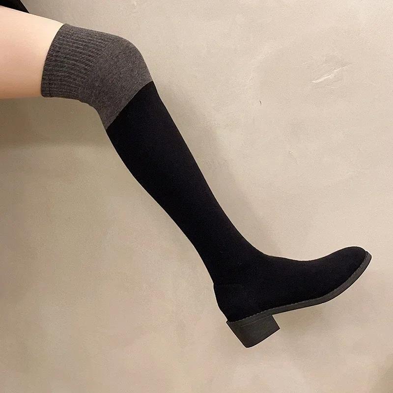 

Sock Boots Women s Thick Heel Thin Knitted Round Toe Color Matching 2026 Spring and Autumn sexy Elastic Long Leg Over Knee Boots 42 чорний