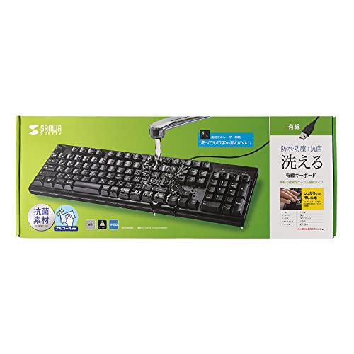 Sanwa Supply Keyboard, Wired USB Connection, Antibacterial, Waterproof, Dustproof Type, Japanese 109 Keys, Black SKB-BS6BK