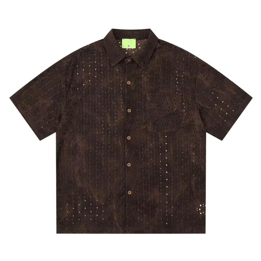 DRIPX Japanese Retro Jacquard Hollow Short-sleeved Shirts Summer Handsome Casual Loose Half-sleeved Shirt Tops Male Clothes