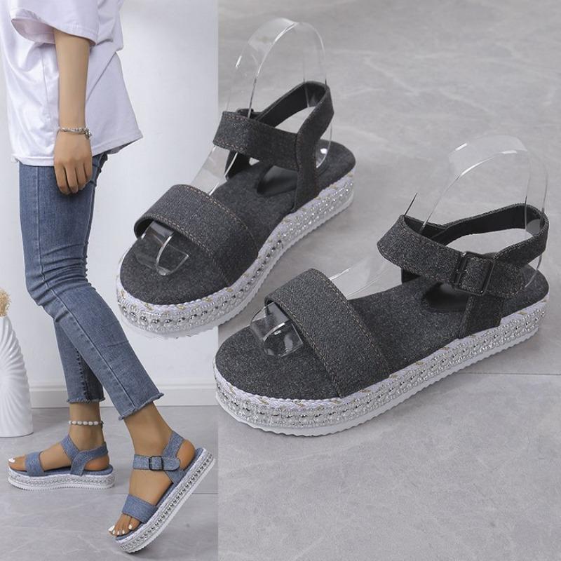 Mode 2025 Metallic-Sandalen Damen Damen Sommermode Denim Ein-Schnallen-Sandalen Offene Zehen Dicke Sohle Sandalen