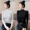 Women's Gray Ribbed Half-High Neck Slim Fit Long Sleeve Autumn T-Shirt