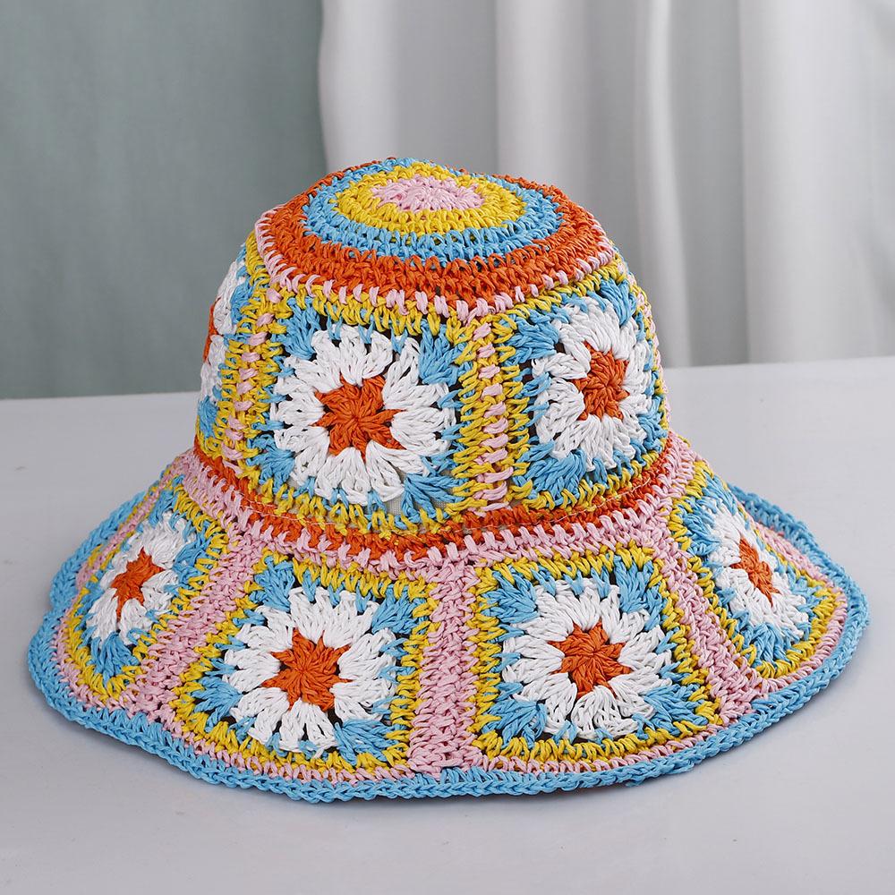 New Colorful Summer Outdoor Holiday Sun Colorful Handmade Crochet Bucket Visor Hat Folded Beach Sunscreen Straw Hats for Women