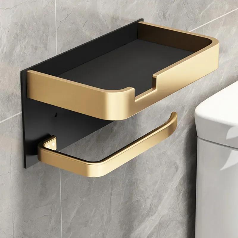 Black Gold Toilet Paper Holder Bathroom Wall Mount Multifunction WC Phone Towel Roll Shelf Accessories