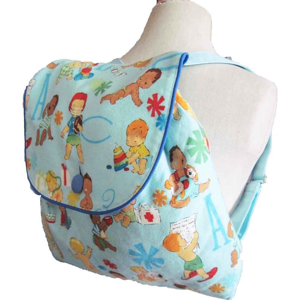 Handmade kids bag, backpack, cute children playing pattern, children play, kids size backpack, kindergarten, nursery school, elementary school
