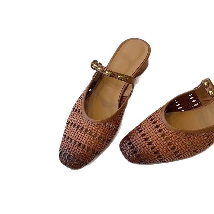 Soft leather version~ Gentle and versatile low-heeled woven toe shoes women's French metal one-word belt hollowed-out breathable half-slippers