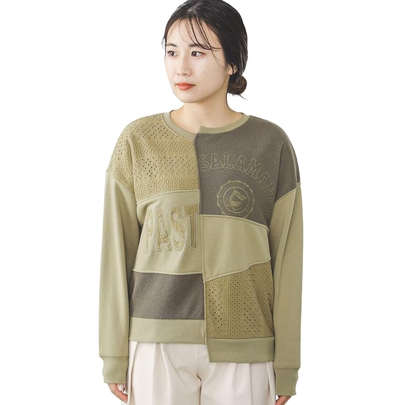 

[Beams Heart] sweatshirt Lace x print patchwork ladies KHAKI FREE