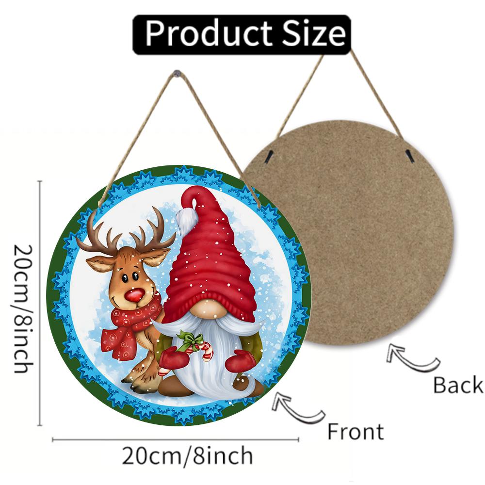 Festive reindeer and gnome pattern Round Wooden Hanging Plaque winter holiday wall art rustic farmhouse front door sign Christmas home decor