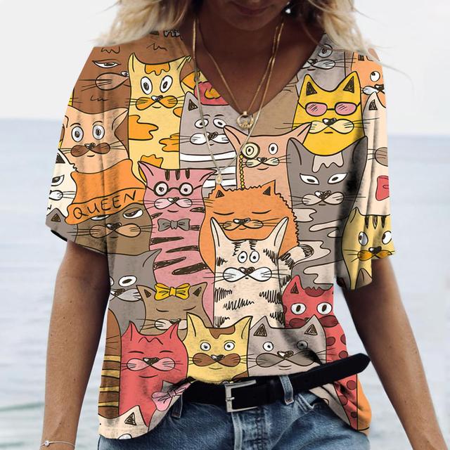 Women Cat Print Women's T-Shirt Oversized T-Shirt Top Women Clothing Design Plus Size V Neck Tee Casual
