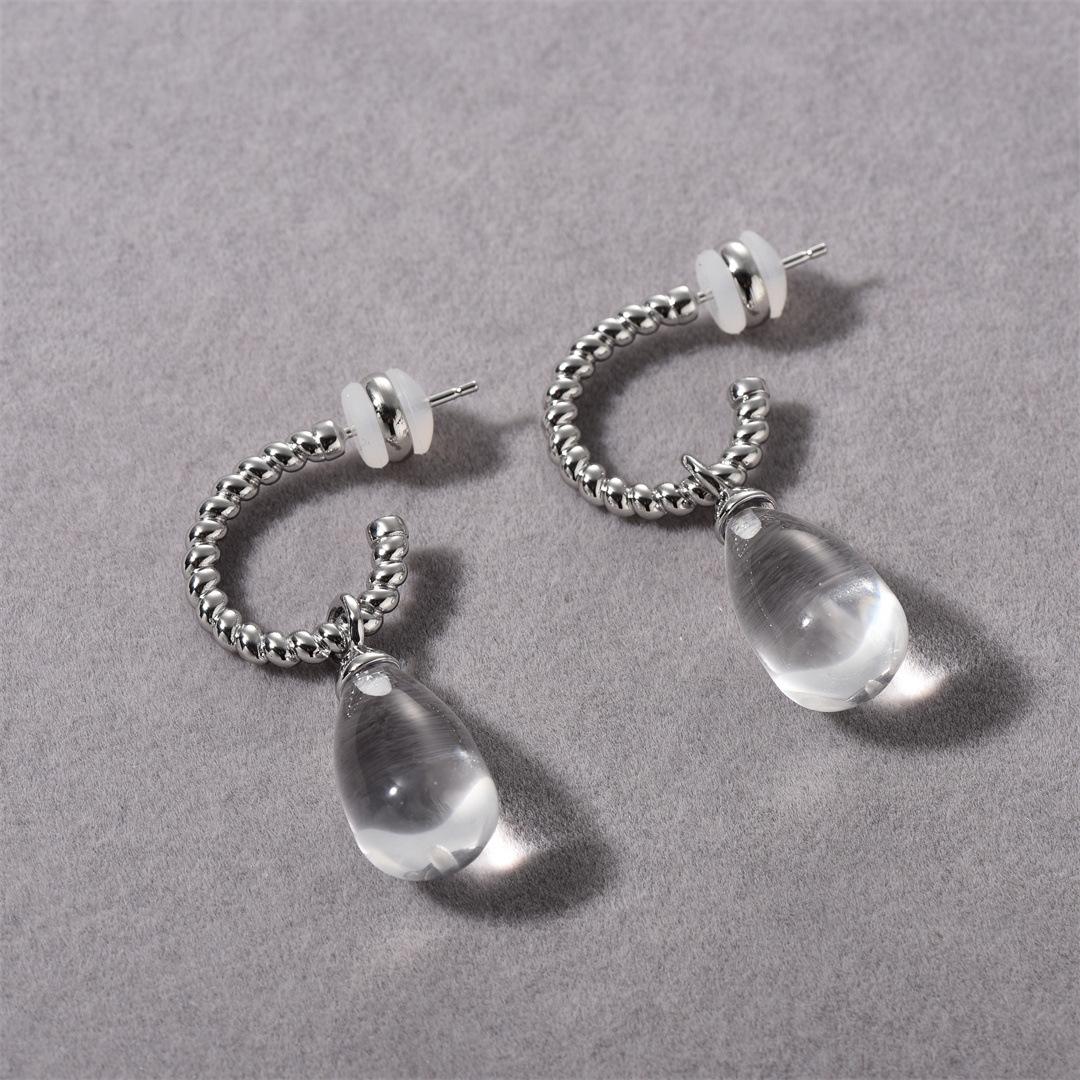 

French Natural White Crystal Teardrop Open Twist Ring 925 Silver Needle Niche Earrings Personalized Fashion And High Sense