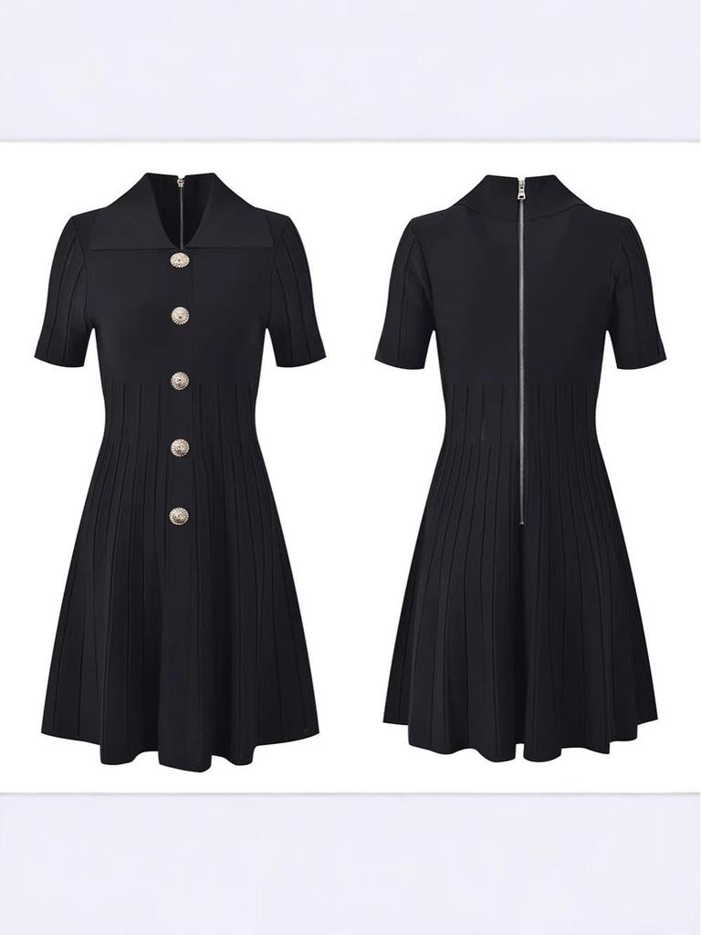 2026 European & American Coco-Inspired Knit Dress: Short Sleeve, A-Line Skirt, French Lapel