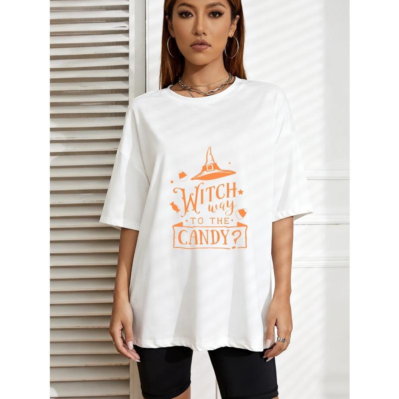 

Белая футболка оверсайз с принтом «Witch Way To The Candy» на Хэллоуин для женщин, повседневный осенний наряд XXXXL белый