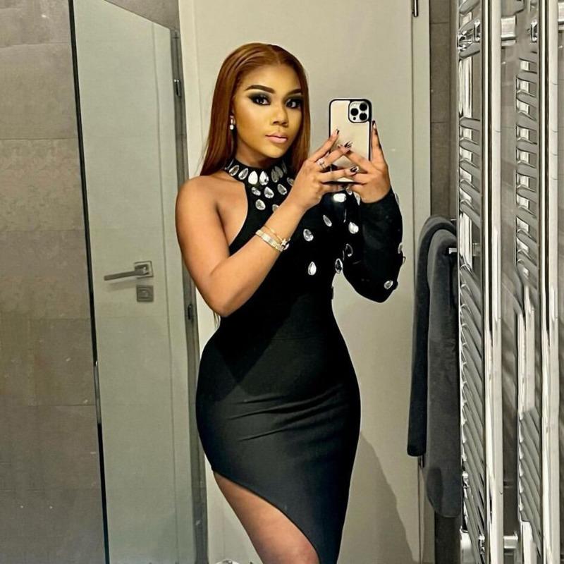 Women's Bandage Dress Rhinestone One Shoulder Long Sleeve Open Leg Dress Party New Product Hot Sale