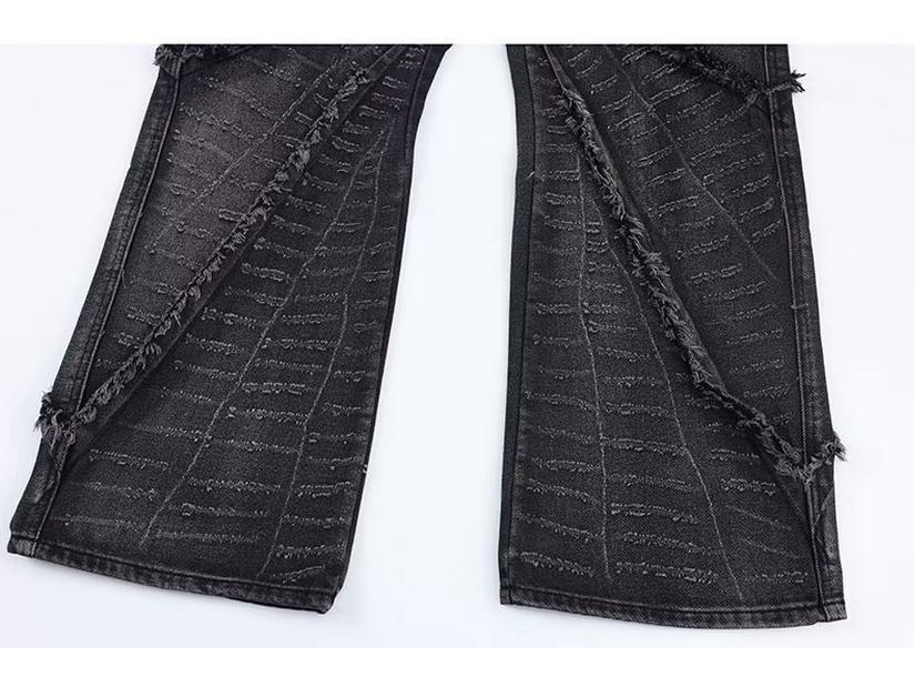 Men's Retro Baggy Jeans - Destroyed Spider Web Design with Raw Edges