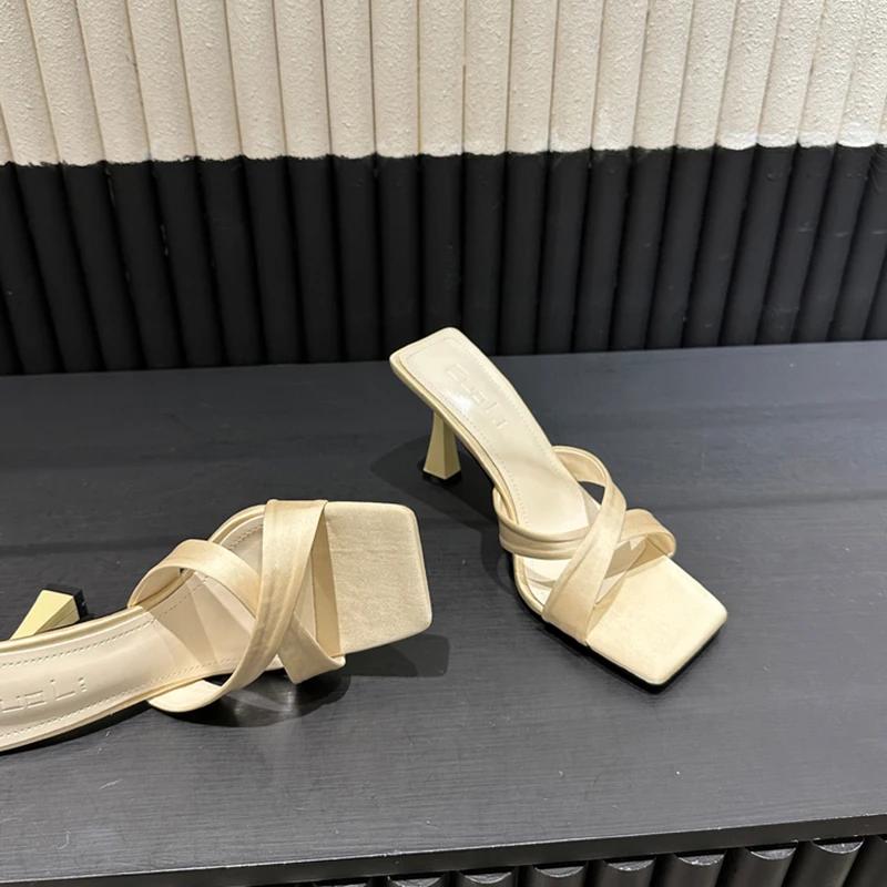 Summer Square Toe Women's Fashion Slippers Fashion High Heel Dress Slides Casual Outdoor Footwear