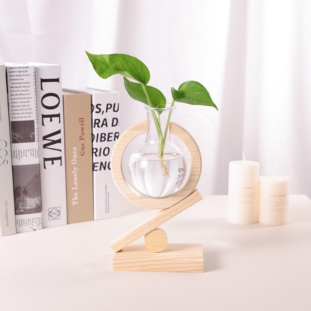 Creative Hydroponic Plants Transparent Glass Wooden Frame Vase Green Ivy Plant Simple Desktop Modern Decoration Ornament