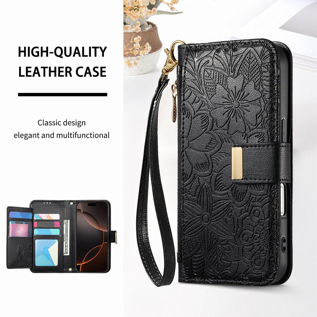 Floral Leather Wallet Case for iPhone 12-17 series.Vintage All-in-One Card Holder w/Stand, Magnetic Closure & Wrist Strap
