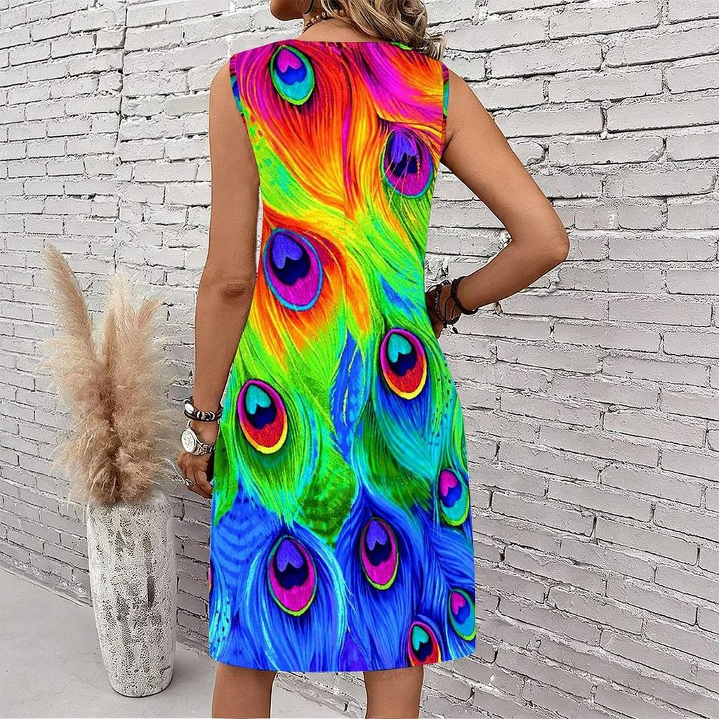 Plus Size V Neck Sleeveless Dress Cloud Wrapped Mountain Waterfall Print For Remote Scenic Travel
