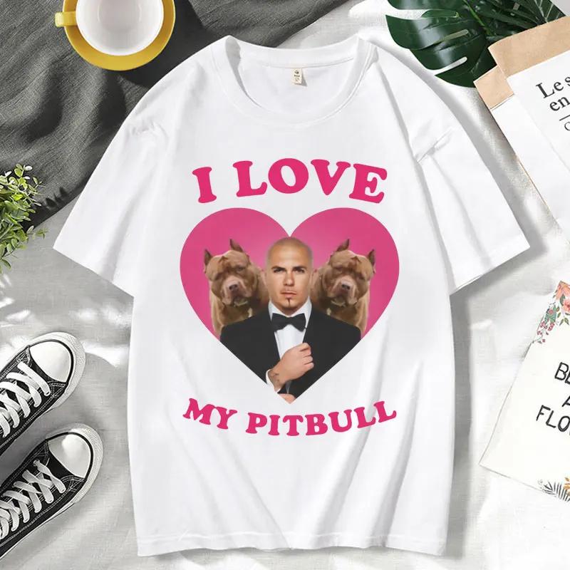 Zabawna koszulka I Love My Pitbull Mr Worldwide z krótkim rękawem s Odzież Modne koszulki uliczne Moda Letnia koszulka