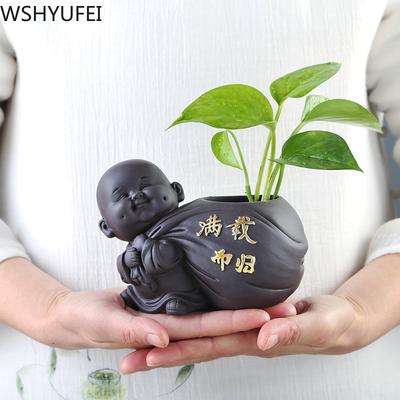 1PCS Ceramic Tea Pet Small Buddha Statue Monk Figurine Ornaments Desktop Flower Pot Purple Ceramic Decoration Tea  Accessories