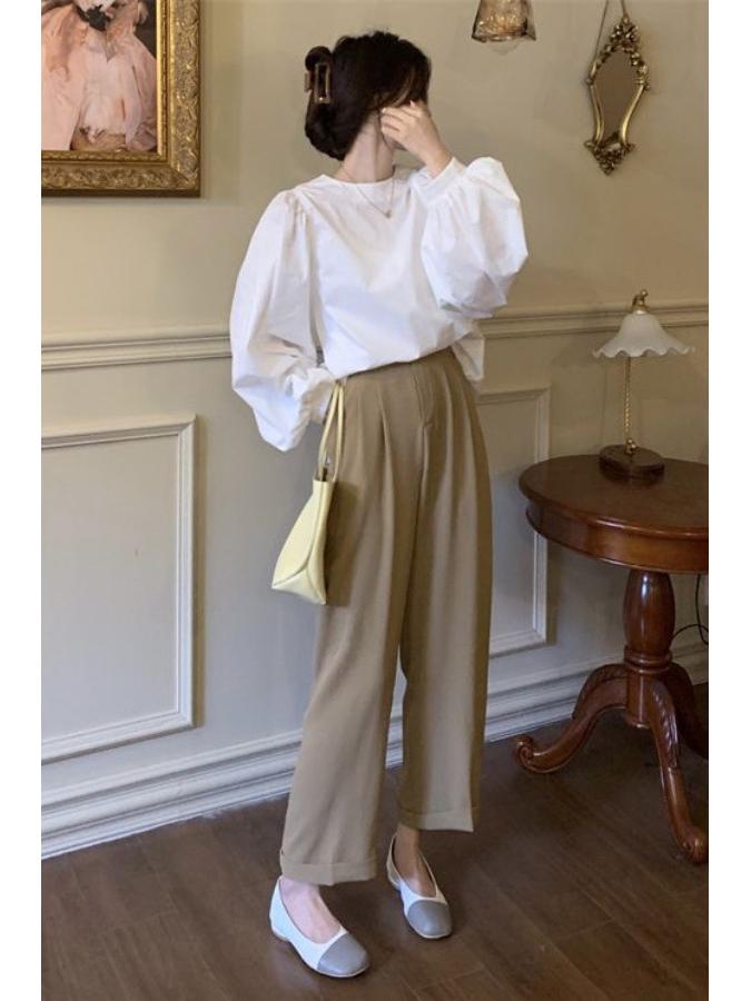 2024 Women's French Lantern Sleeve Shirt - Autumn Design, Loose, Age-Reducing, Versatile Round Neck Bubble Long Sleeve Top