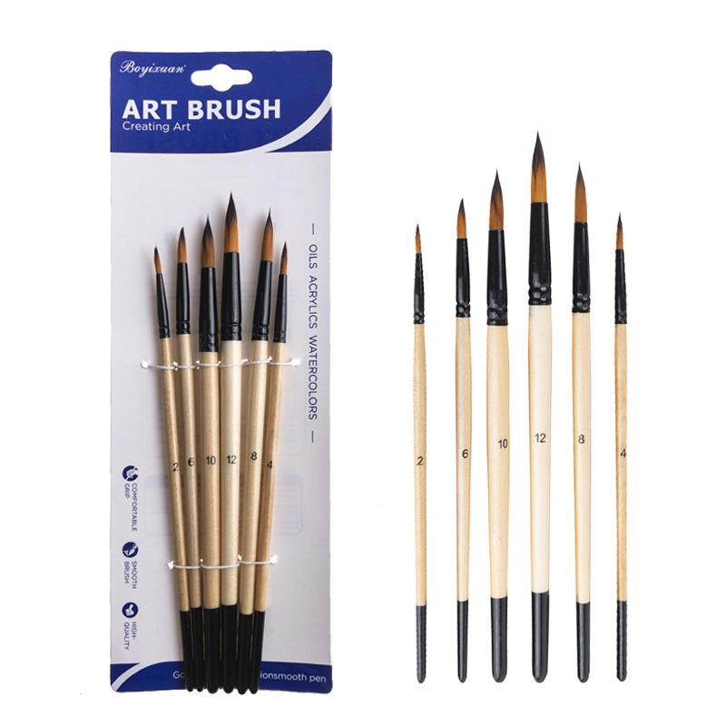 Boyi Xuan 6-Piece Nylon Bristle Long Handle Brush Set for Gouache, Acrylic, and Oil Painting