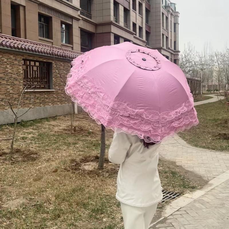 umbrella with  sun protection and sunshade, three fold student women's dual-purpose sun lace umbrella rain and sunshine