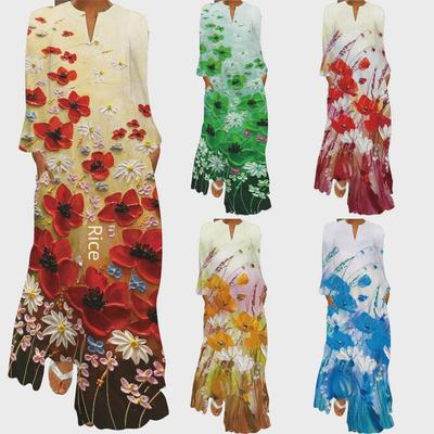 2024 Autumn European & American V-Neck Long-Sleeve Printed Maxi Dress