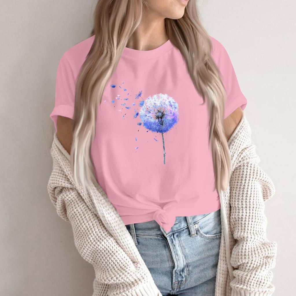 Women's Fashion Casual Printed Round Neck Short Sleeved Pullover T-Shirt Top