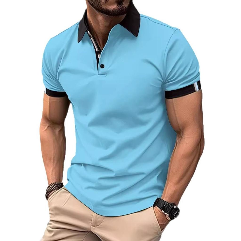 Men's Spring Summer Button Polo Shirt Short Sleeve Color Block T-shirt Fashion Casual Turn-Down Collar Top
